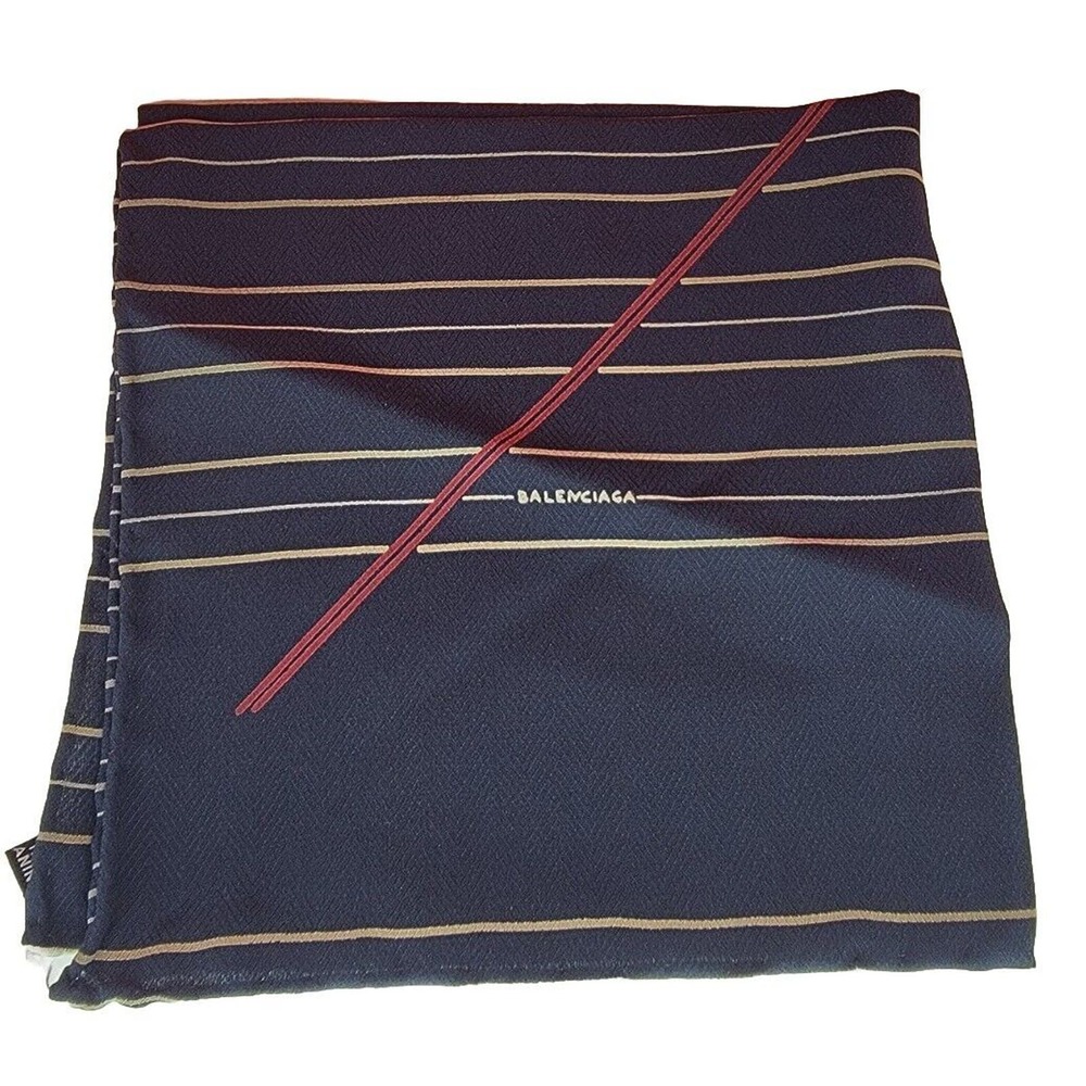 Vintage Balenciaga Blue Silk Stripe Bordered Hand Rolled Pocket Square - Picture 1 of 5